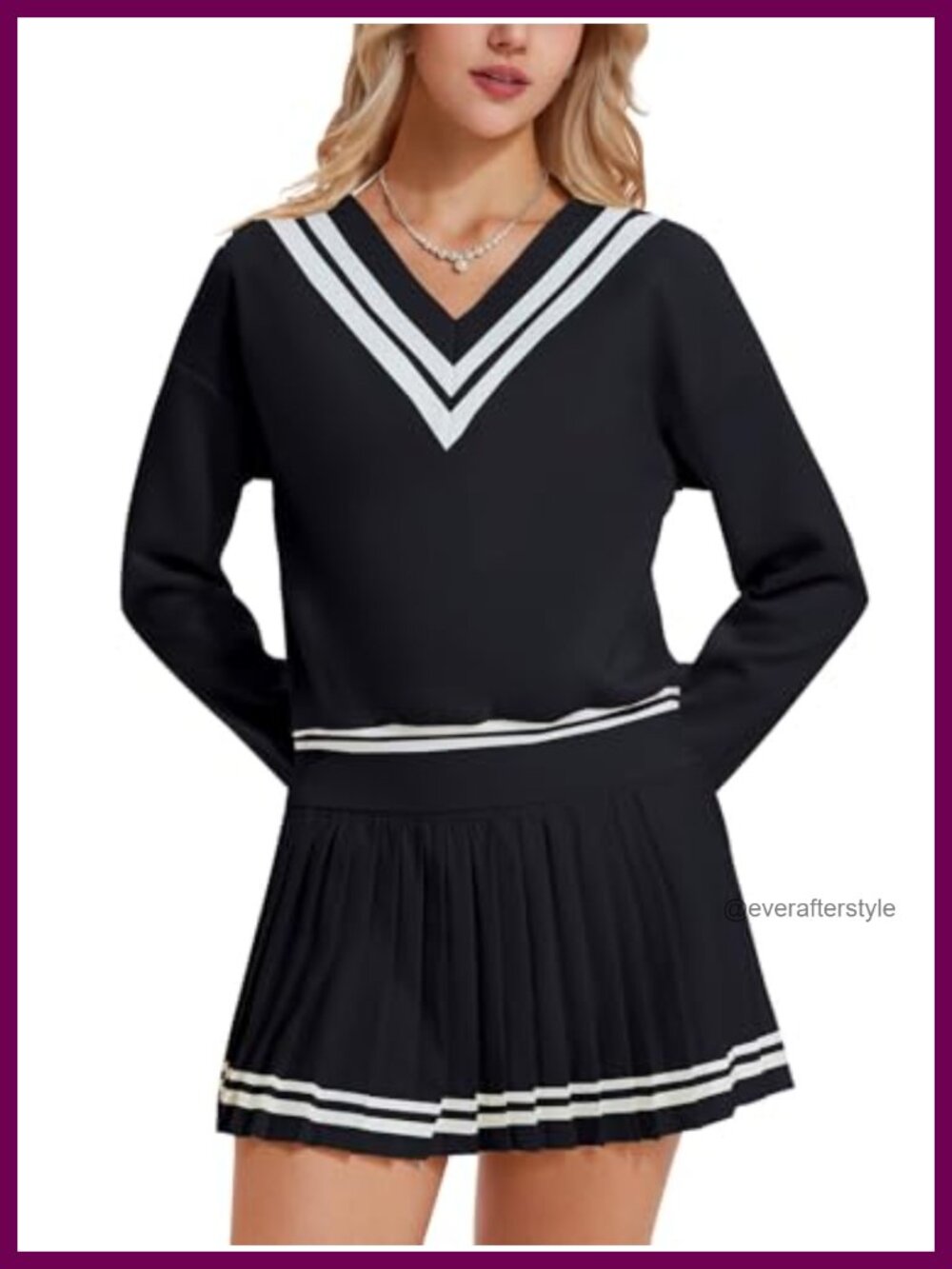 2 Piece Tennis Skirt Set V-Neck Long Sleeve Sweatshirt Pleated Skirt